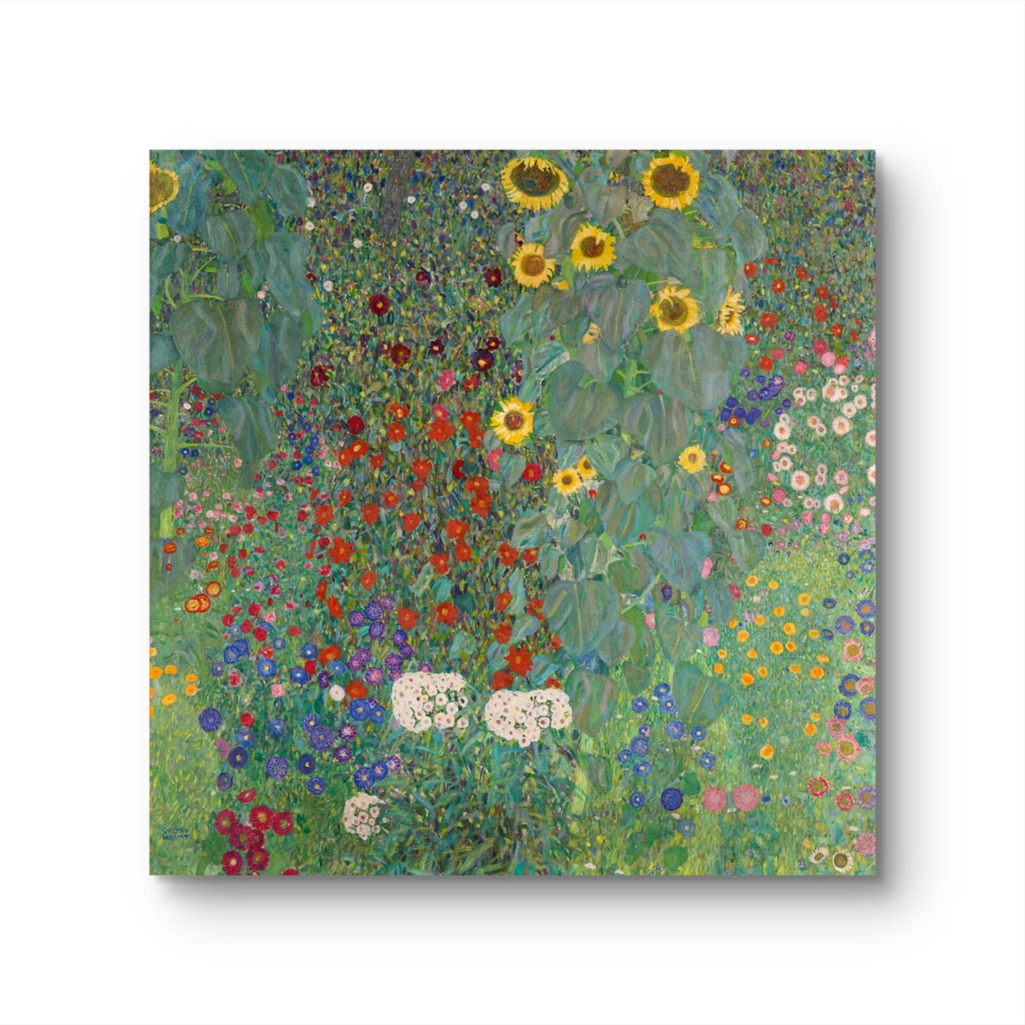 Floral artwork with sunflowers and various other flowers on a green background