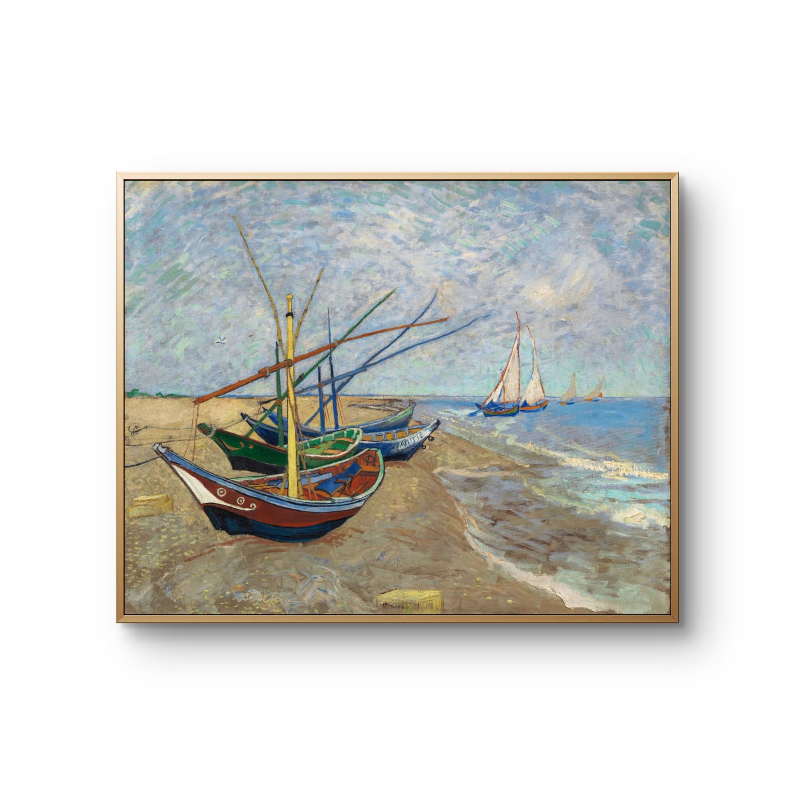 Framed painting of boats on a beach with a blue sky.