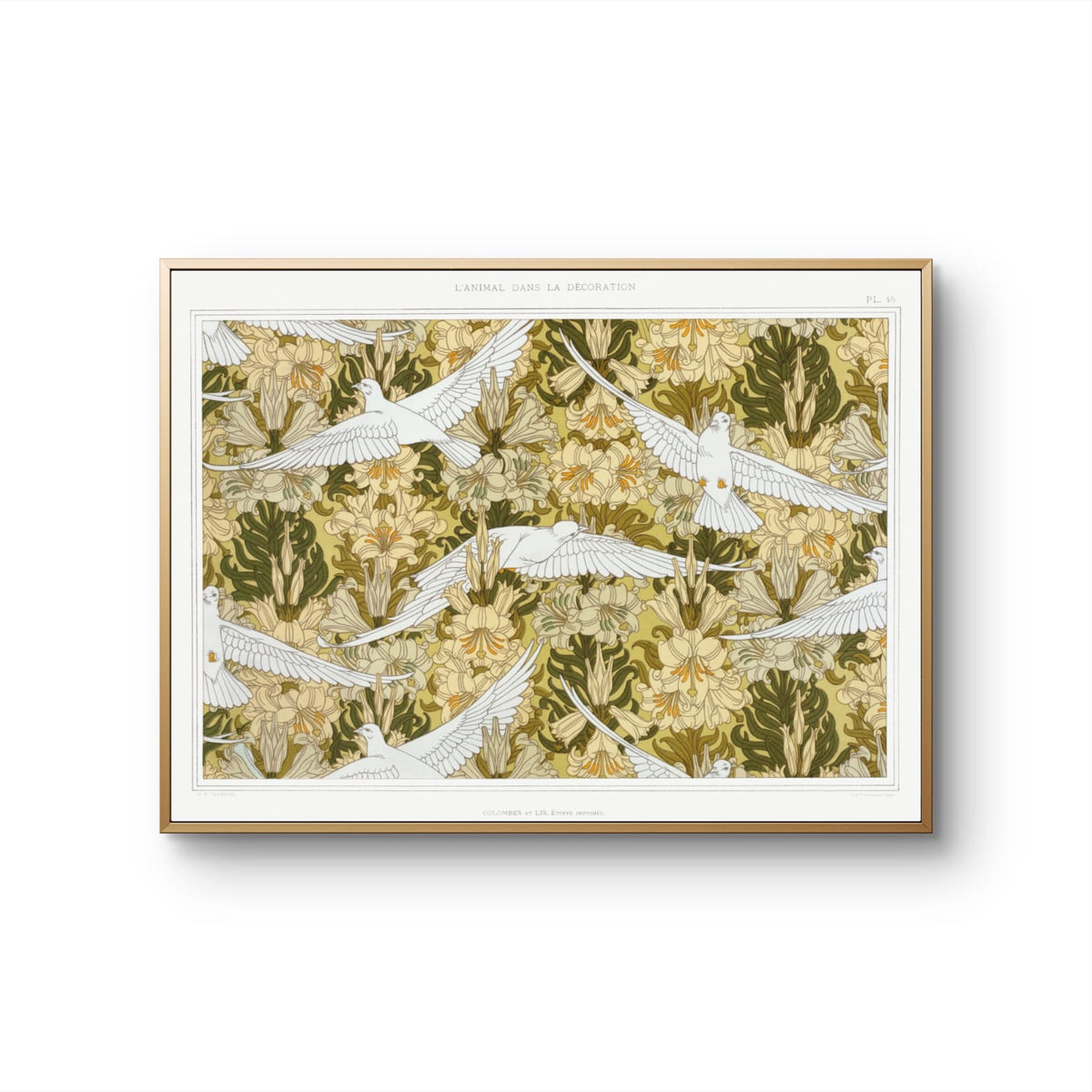 Framed artwork with birds and floral pattern on a white background