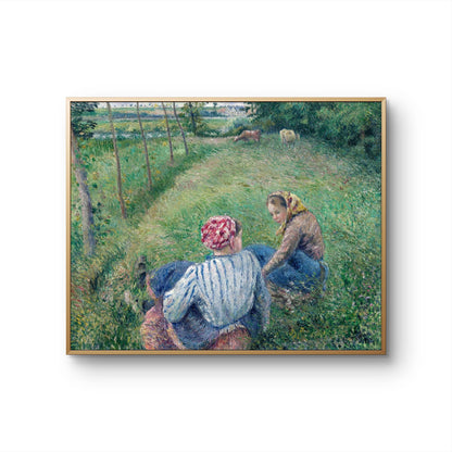 Framed artwork of two women sitting on a grassy path with a pastoral landscape.