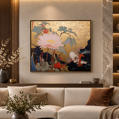 A framed wall art piece featuring a large pink lotus flower and a white rabbit on a textured gold background, displayed above a modern beige sofa in a styled living room.