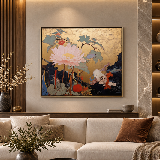 A framed wall art piece featuring a large pink lotus flower and a white rabbit on a textured gold background, displayed above a modern beige sofa in a styled living room.