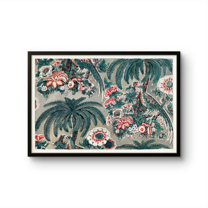 Framed artwork with a floral and peacock design on a beige background