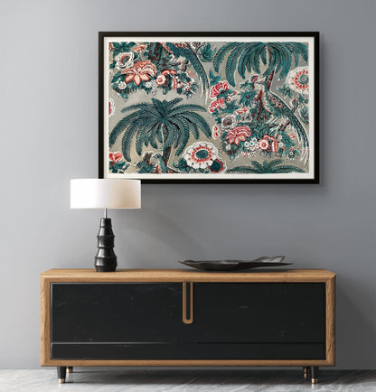 Framed floral and palm tree artwork above a wooden console table with a lamp and decorative bowl.