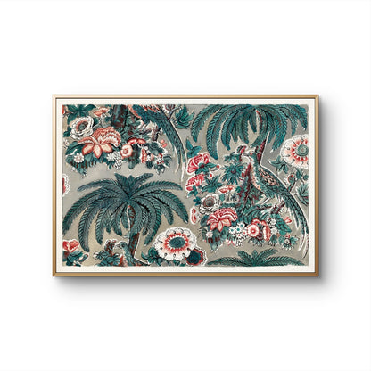 Framed artwork with a tropical design featuring peacocks and floral elements on a beige background.