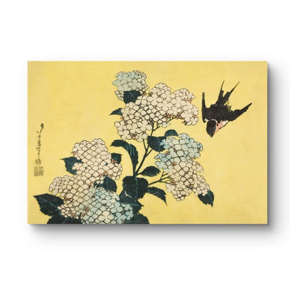 Traditional Japanese artwork of flowers and a bird on a yellow background