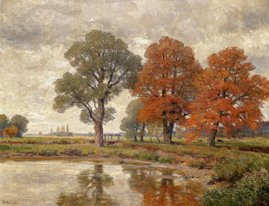 Landscape painting of trees with autumn foliage by a river
