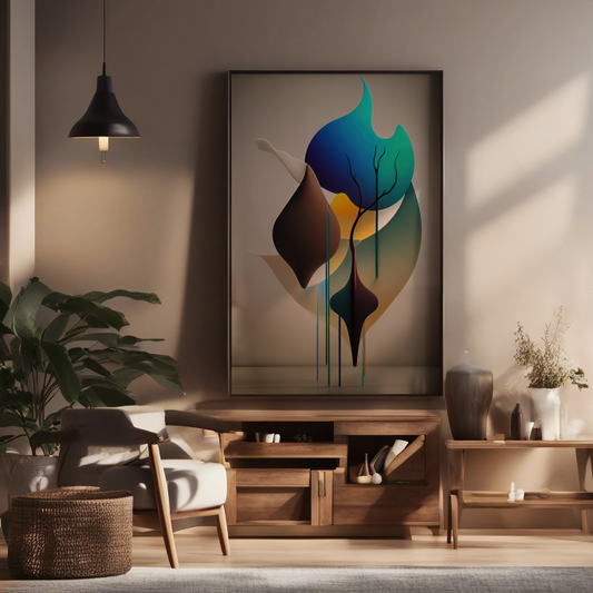 Modern living room with wooden furniture, plants, and a colorful abstract painting.