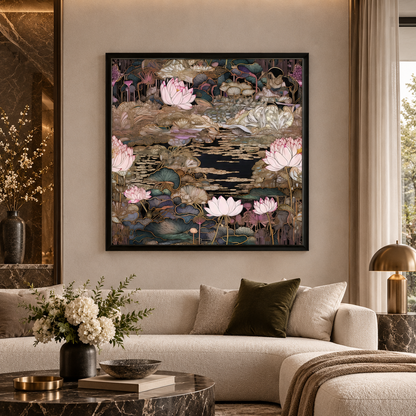 A framed square wall art print depicting pink lotus flowers and dark water lily pads, displayed above a beige sectional sofa in a modern, elegantly styled living room.