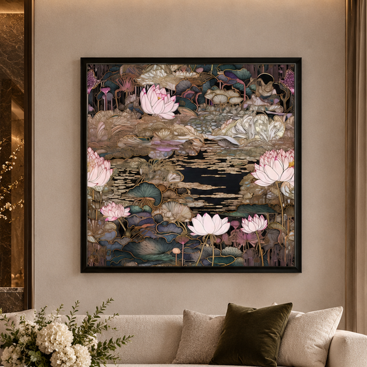 A framed square wall art print depicting pink lotus flowers and dark water lily pads, displayed above a beige sectional sofa in a modern, elegantly styled living room.
