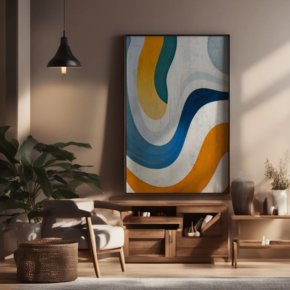Modern living room with abstract wall art, wooden furniture, and plants.