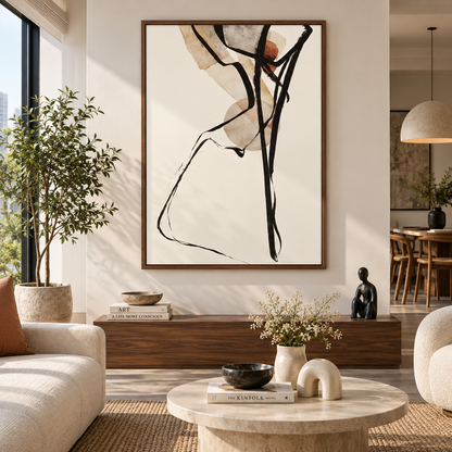 A large framed abstract wall art print hangs in a modern living room. The artwork features bold black brushstrokes and organic flowing lines over a warm cream background with beige and muted terracotta accents, enclosed in a dark brown wood frame.