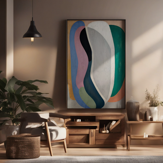 Modern living room with abstract art, wooden furniture, and plants.