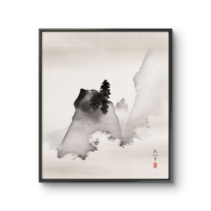 Framed artwork of mountains and trees with a minimalistic design.