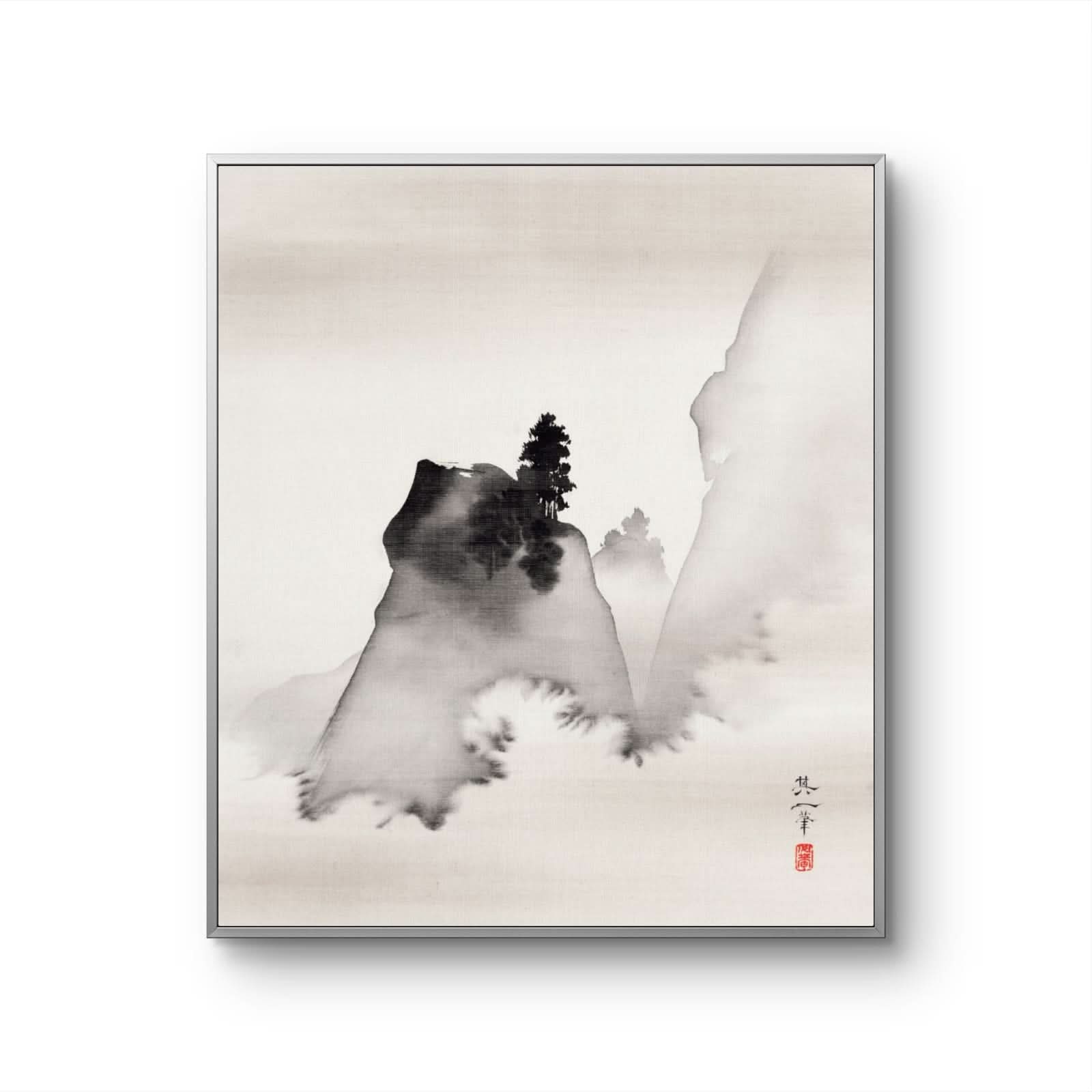Framed artwork of a mountain landscape with a tree, minimalistic style.