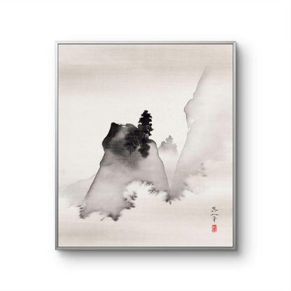 Framed artwork of a mountain landscape with a tree, minimalistic style.