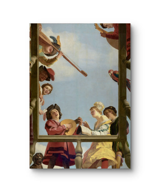 Framed artwork of classical painting with figures and musical instruments against a blue sky.
