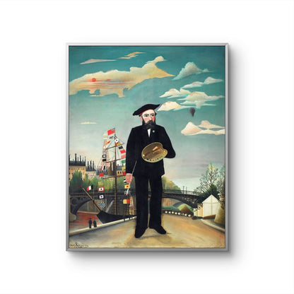 Framed artwork of a man holding a clock with a cityscape and clouds in the background