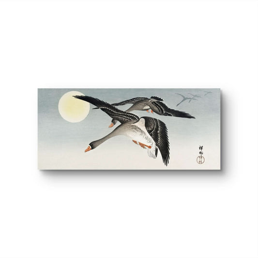 Painting of two geese flying in front of a moon on a light blue background