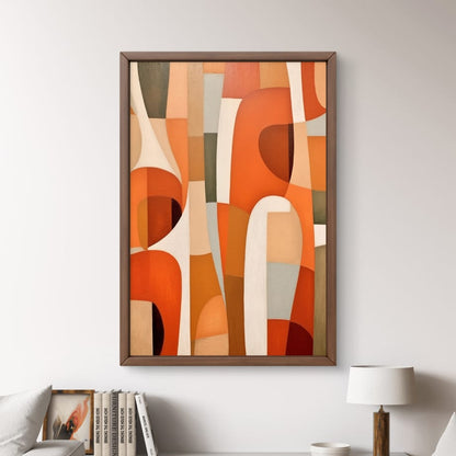 Abstract art piece in a living room with a sofa and decor items.