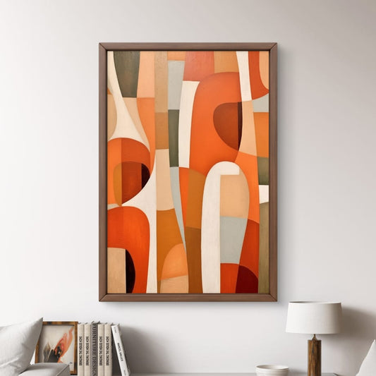 Abstract art piece in a living room with a sofa and decor items.
