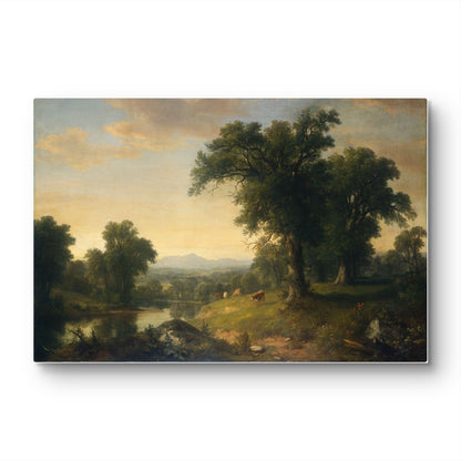 Landscape painting with trees, a pond, and grazing animals on a white background