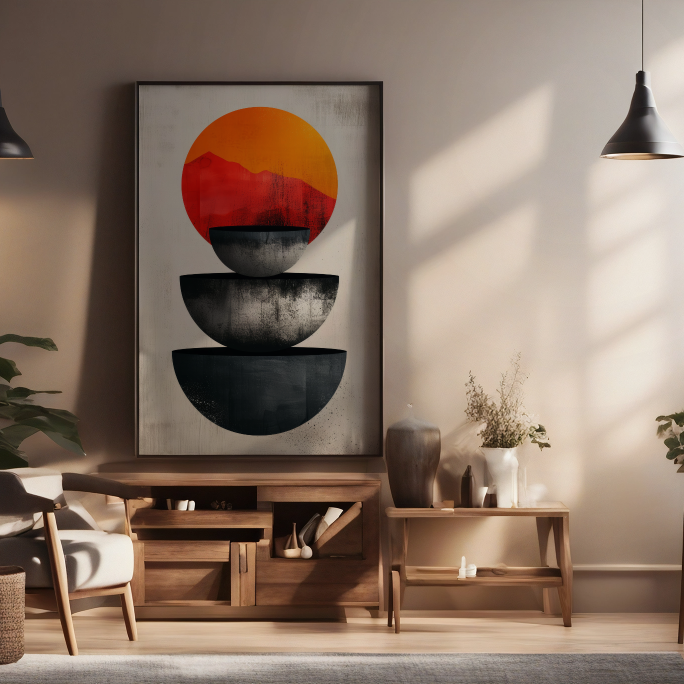Modern living room with wooden furniture, plants, and a large abstract painting.