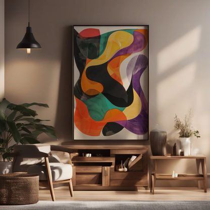 Living room with a colorful abstract painting on the wall, wooden furniture, and plants.