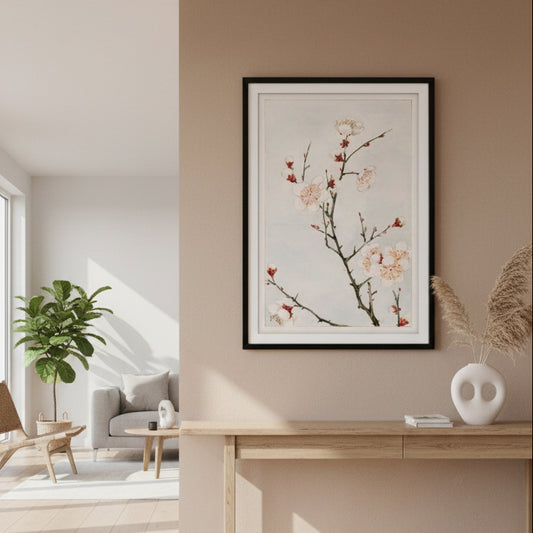 Framed artwork of a floral branch on a light green wall with a wooden bench and plant.