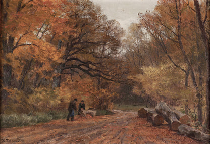 Painting of a forest path with people and logs, featuring autumn colors.