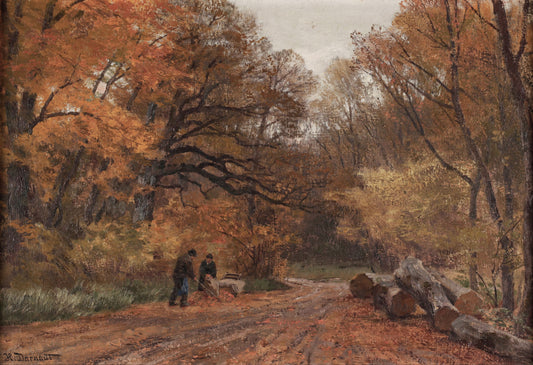 Painting of a forest path with people and logs, featuring autumn colors.