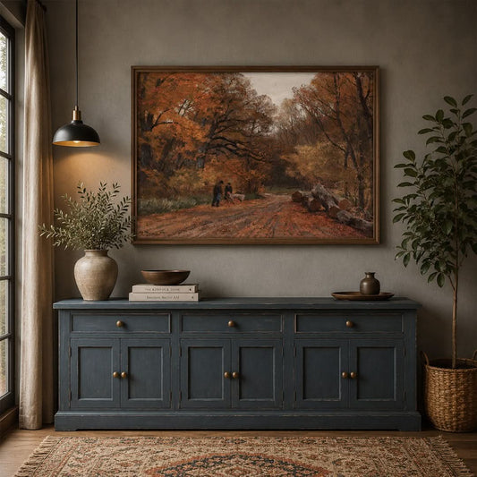 Room interior with a dark blue cabinet, framed painting, and decorative items.