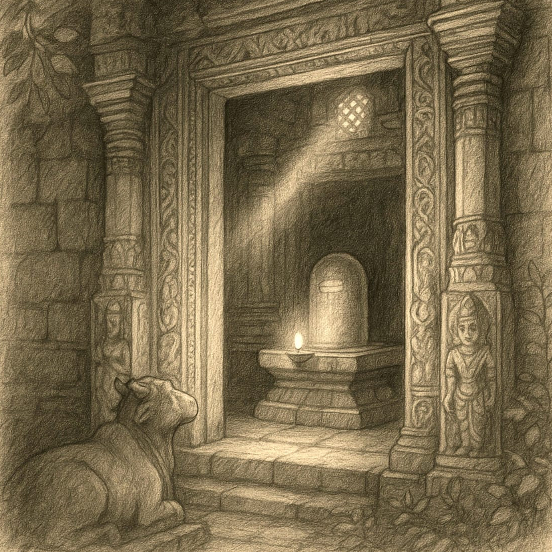 Artistic depiction of a stone temple interior with a statue and a lion.