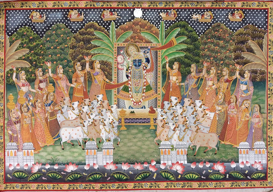 Hand Painted Pichwai 3 Roop Shrinathji with Cows Celebration on Fabric (6ft by 4ft) Unframed