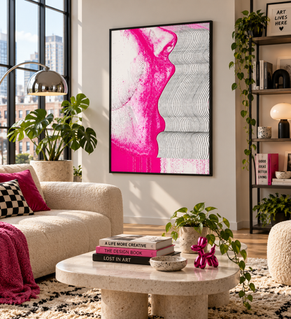 A framed abstract wall art print featuring a bold pink and black profile face design hangs on a white wall in a modern, sunlit living room with a beige sofa, potted plants, and a round stone coffee table.