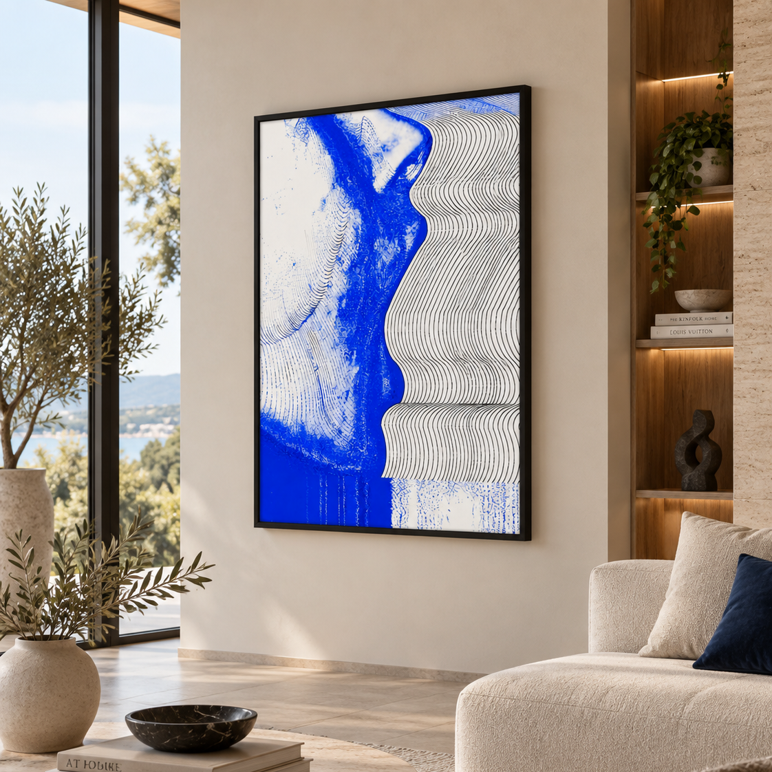 A framed abstract wall art print hangs on a beige wall in a modern living room. The artwork features a bold blue and white design with black and white wavy line patterns.