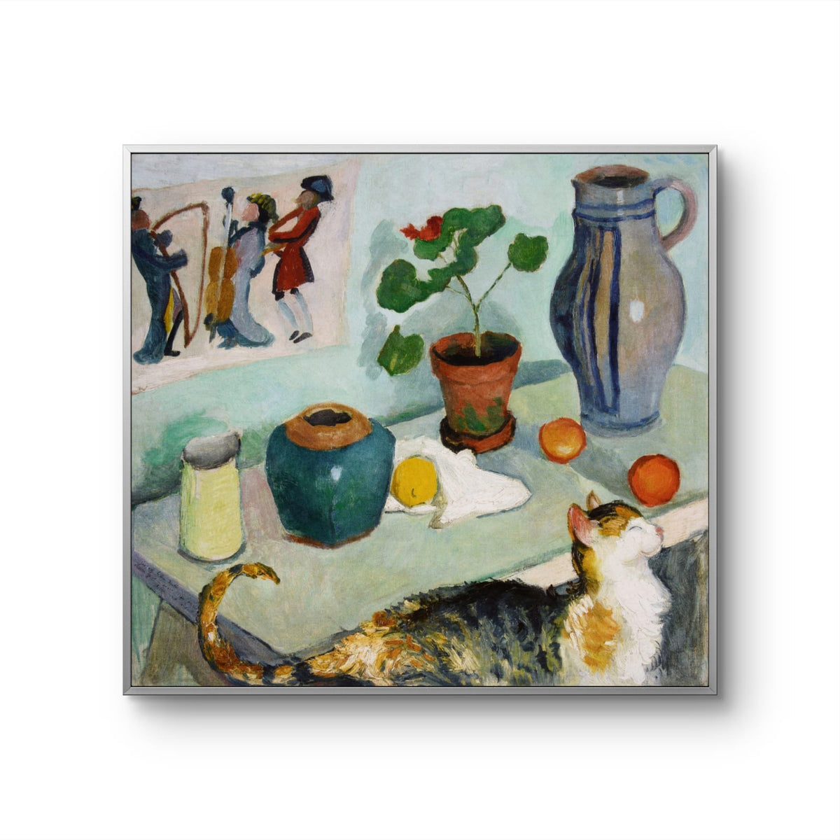 Framed artwork of a still life scene with a cat, vases, and a plant on a table.