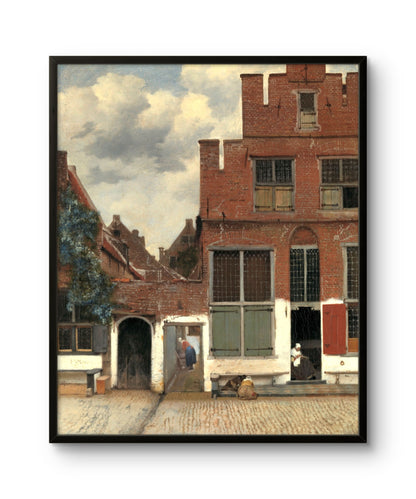 Framed artwork of a street scene with buildings and people, reminiscent of classical painting style.