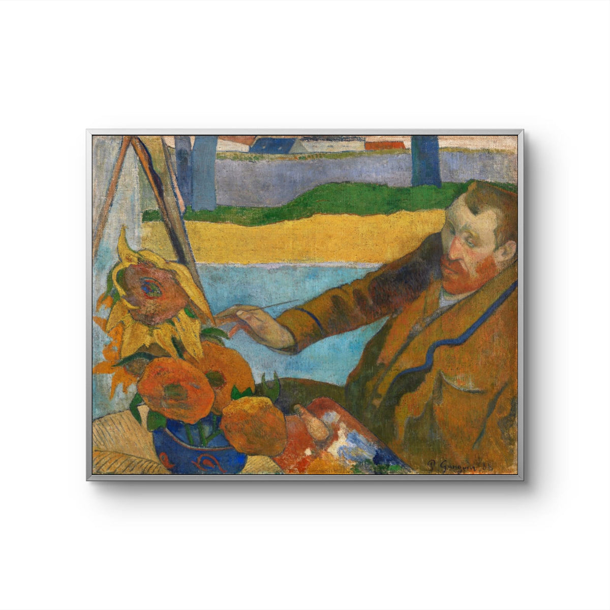 Framed artwork of a man painting sunflowers with a landscape in the background.