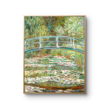 Framed artwork of a bridge over water lilies by Claude Monet on a white background