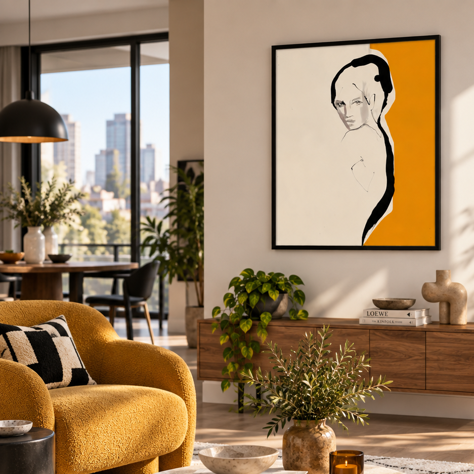A modern living room with a large framed abstract art print on the wall. The print features a minimalist black line drawing of a face on a split cream and mustard yellow background.