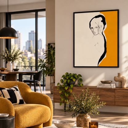 A modern living room with a large framed abstract art print on the wall. The print features a minimalist black line drawing of a face on a split cream and mustard yellow background.