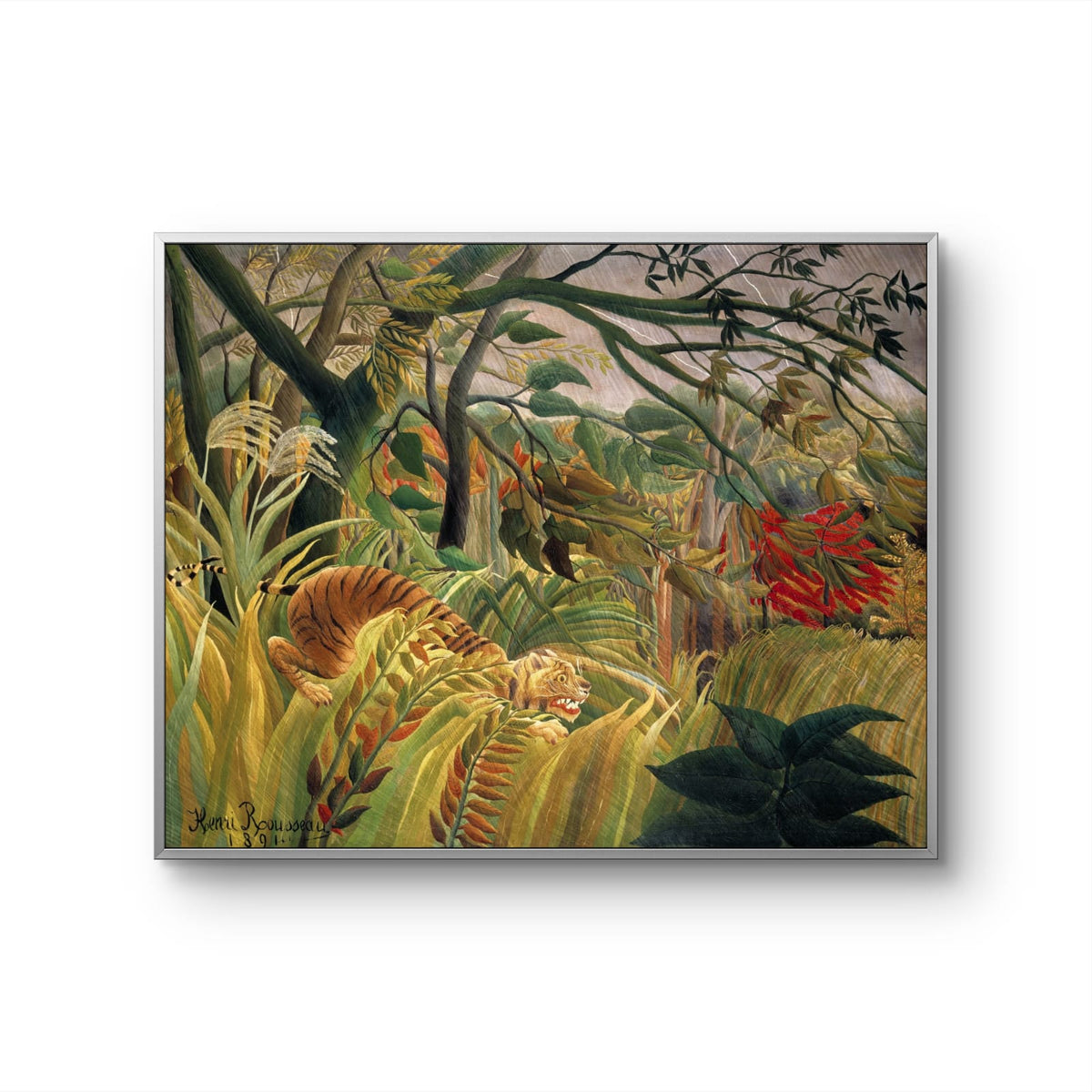 Framed artwork of a jungle scene with animals on a white background