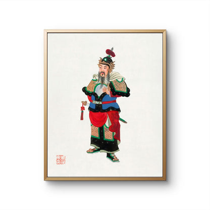 Framed artwork of a traditional Chinese warrior figure on a white background