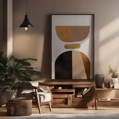 Modern living room with wooden furniture, abstract art, and plants.