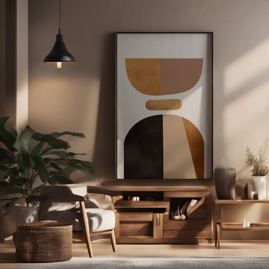 Modern living room with wooden furniture, abstract art, and plants.
