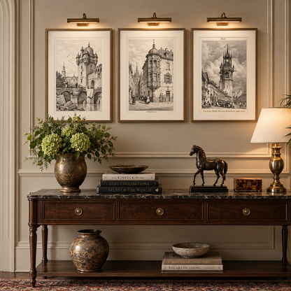 Three framed black-and-white architectural art prints are displayed on a beige wall above a dark wood console table in a styled interior room. The scene includes a lamp, books, a vase of flowers, and other decor.