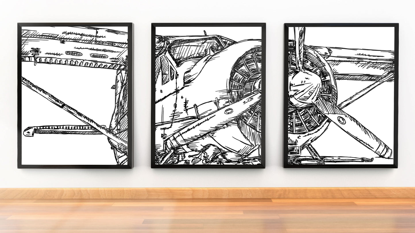 Vintage Plane abstract art print featuring gold and silver tones