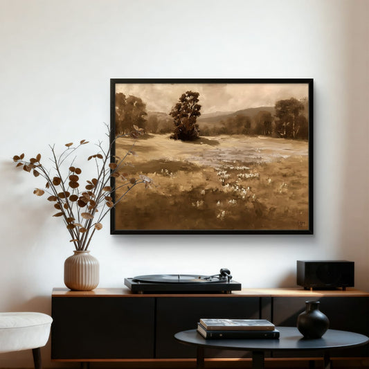 Living room with a framed landscape painting, turntable, and decorative items.