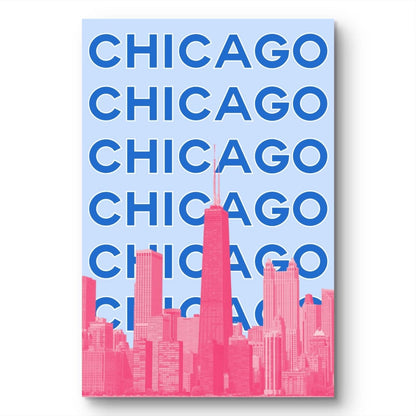 Chicago skyline with 'CHICAGO' text repeated on a light blue background